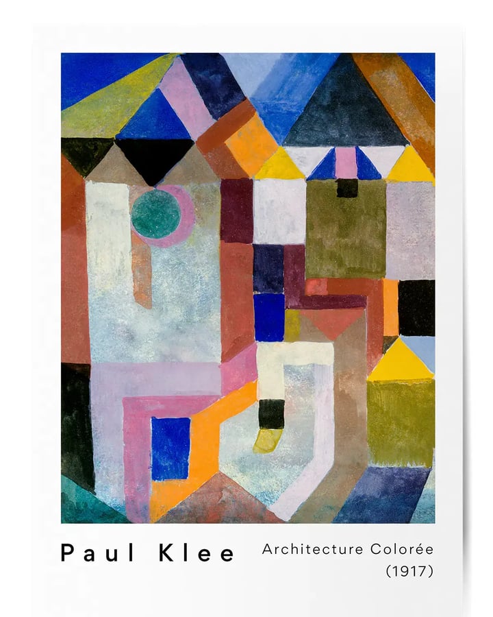L’affiche Architecture colorée posée à plat, avec le nom de Paul Klee et le titre sous l’œuvre