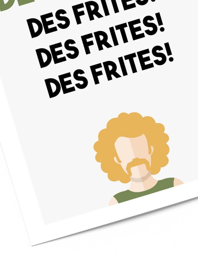 Détail de l’affiche : trois Des frites en lettres noires et le portrait aux cheveux bouclés