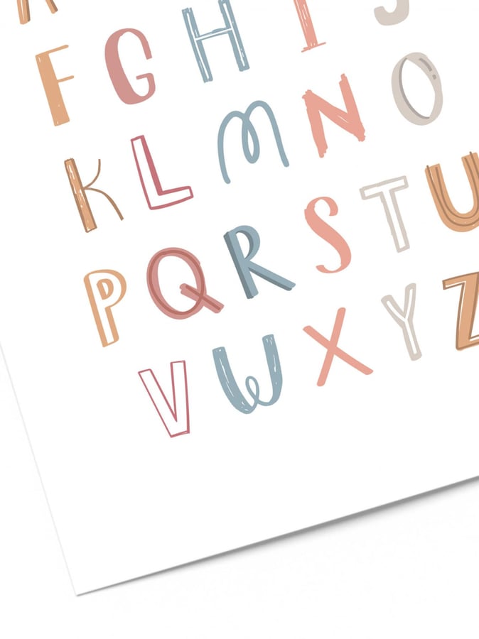 Détail de l’affiche : des lettres de l’alphabet, chacune dans un style et une couleur différents