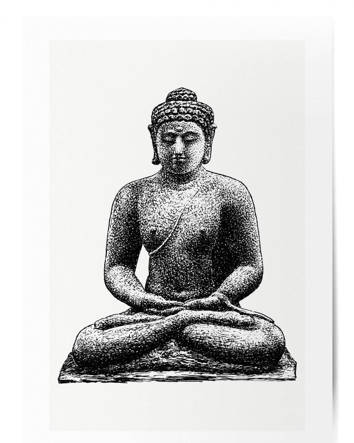 L’affiche Bouddha noir et blanc : la statue assise en méditation, sur fond blanc cassé