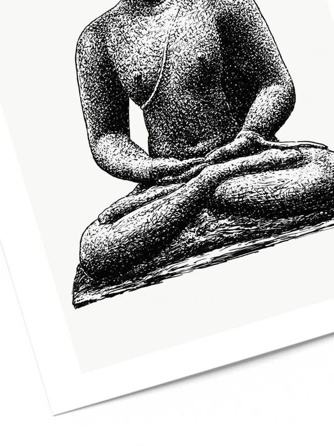 Détail de l’affiche : le torse et les mains du Bouddha, dessinés en milliers de points d’encre