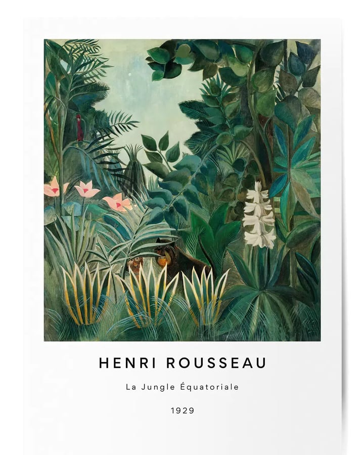 L’affiche La Jungle équatoriale posée à plat, avec le nom d’Henri Rousseau et le titre sous le tableau