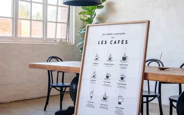Affiche Les Cafés encadrée dans une salle à manger lumineuse