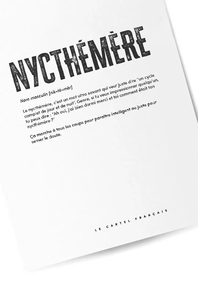 Détail de l’affiche : le mot NYCTHÉMÈRE en lettres usées et sa définition humoristique