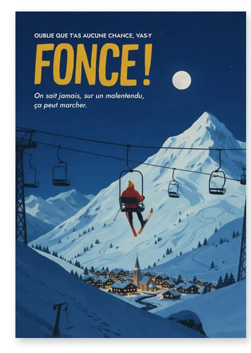 Affiche oublie que t as aucune chance vas y fonce jean claude dusse au telesiege