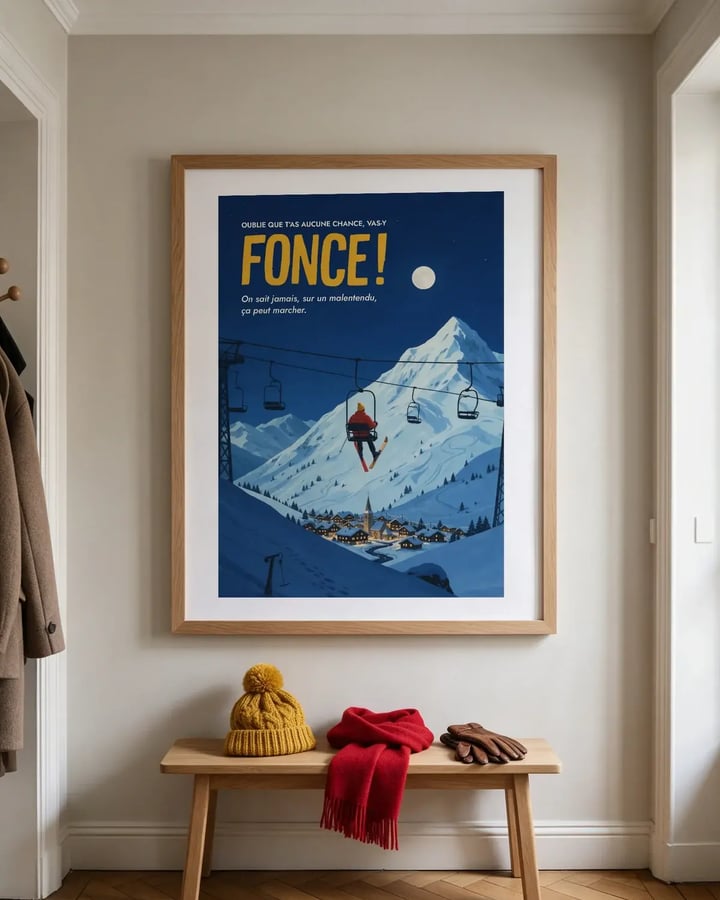 L’affiche Oublie que t’as aucune chance dans un cadre en chêne, au-dessus d’un banc avec un bonnet jaune et une écharpe rouge