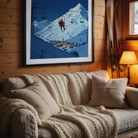Affiche vas y fonce encadree dans le salon d un chalet pres de skis en bois