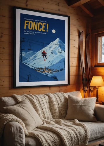 Affiche vas y fonce encadree dans le salon d un chalet pres de skis en bois