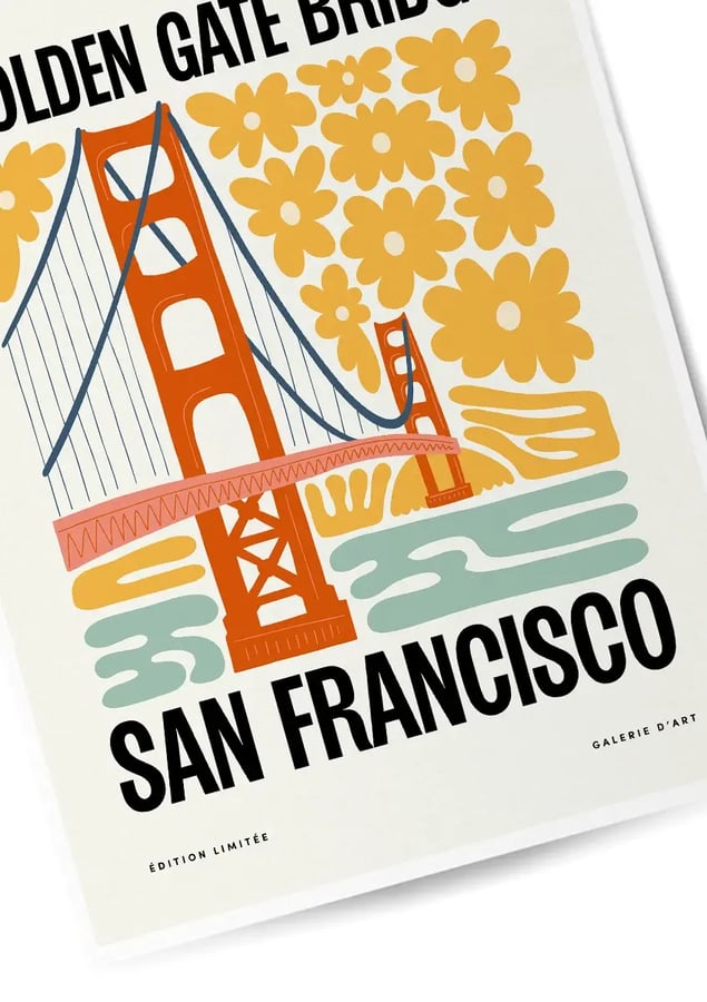 Détail de l’affiche : la tour orange du Golden Gate Bridge et ses câbles bleus devant des fleurs jaunes