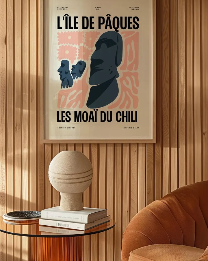L’affiche île de Pâques encadrée sur un mur en lattes de bois, au-dessus d’une table d’appoint et d’un fauteuil orange