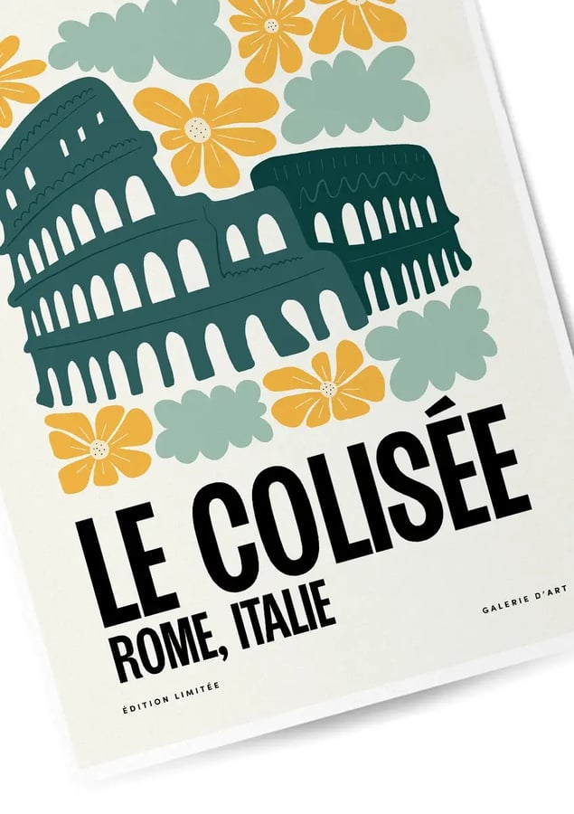 Détail de l’affiche : les arcades vert sapin du Colisée entre des fleurs jaunes et des nuages vert d’eau