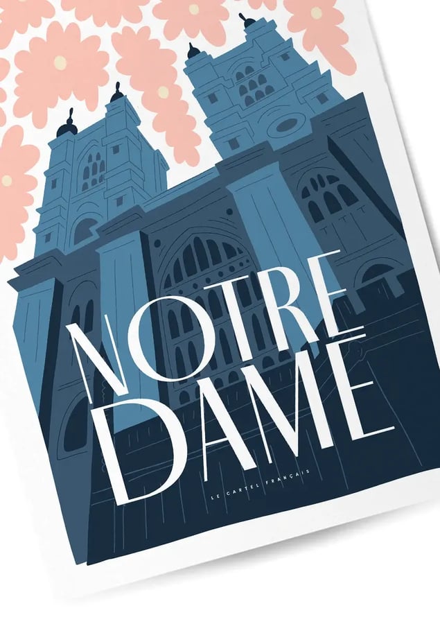 Détail de l’affiche : les deux tours de la cathédrale vues d’en bas, sous des fleurs roses