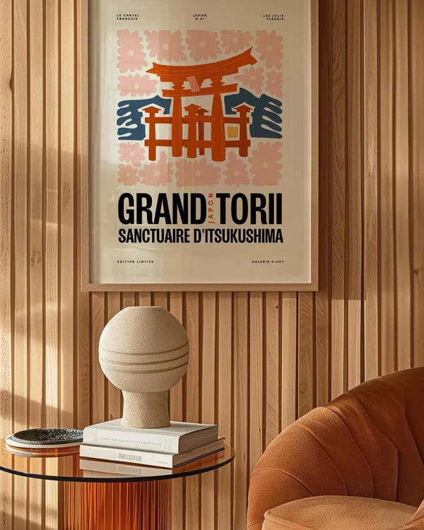 Affiche Grand Torii du Japon encadrée sur un mur en lattes de bois, au-dessus d’une lampe