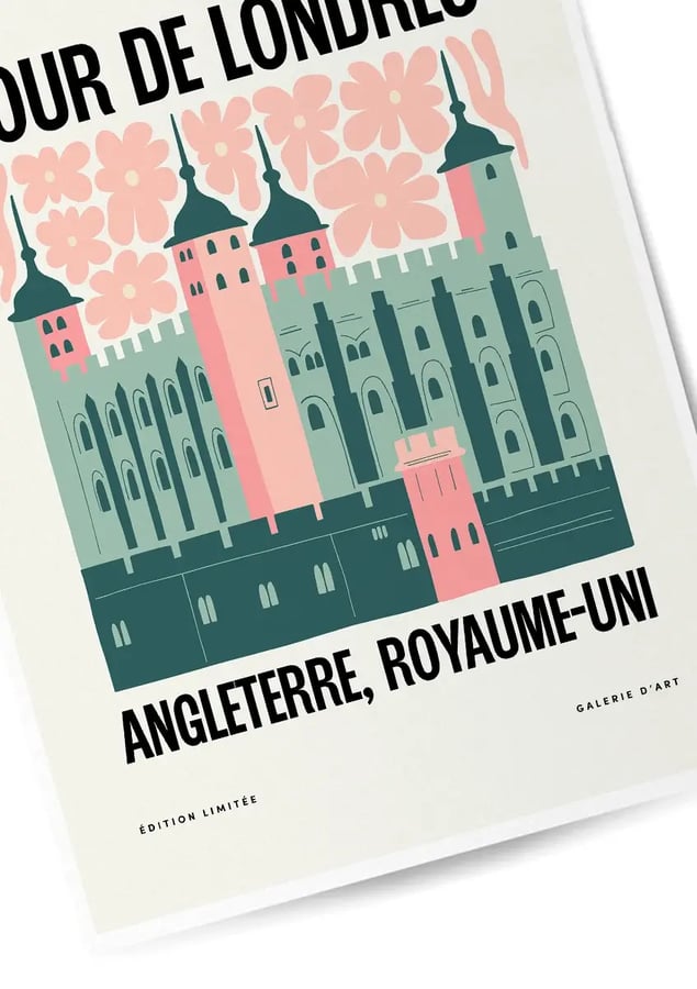 Détail de l’affiche : les tourelles vert sapin et les tours roses de la Tour de Londres sous des fleurs roses