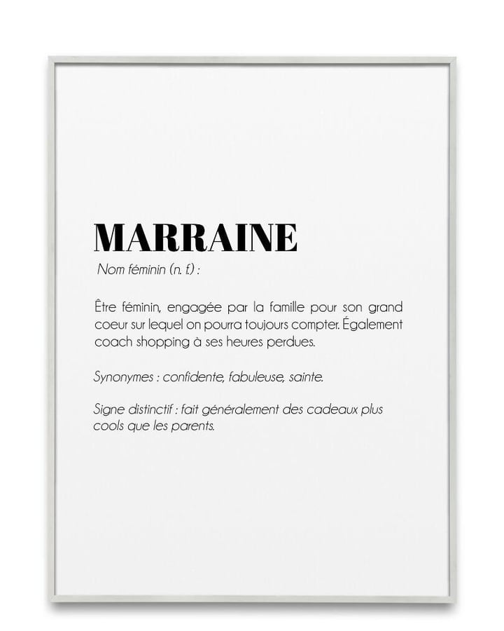 L’affiche Définition Marraine dans un cadre clair, sur fond blanc