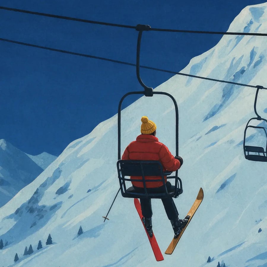Détail de l’affiche : un skieur de dos, bonnet jaune et anorak rouge, seul sur un télésiège arrêté