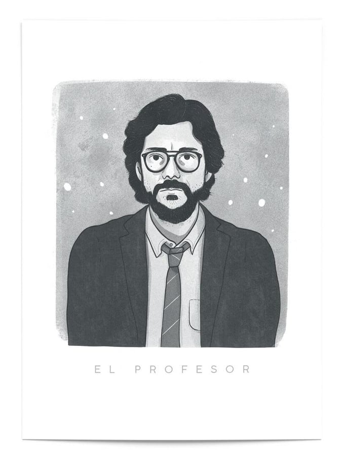 Détail de l’affiche : le visage du Professeur, lunettes sombres et barbe, sur fond gris