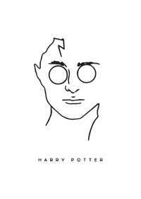 Affiche Harry Potter minimaliste, le visage du sorcier dessiné d’un trait noir