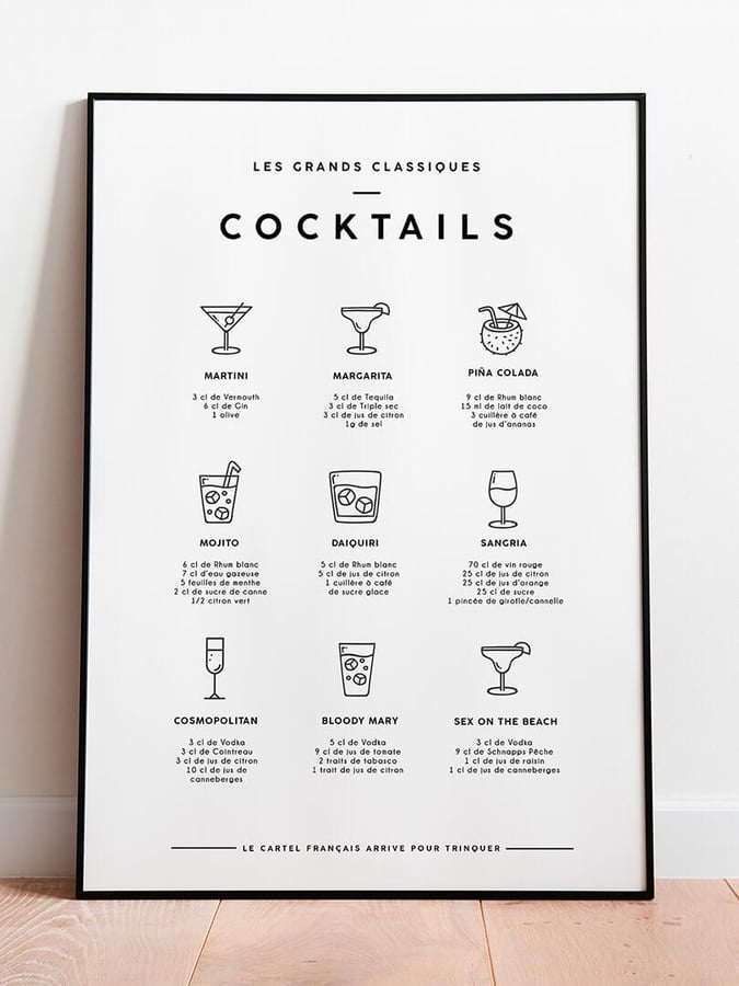 L’affiche Cocktails dans un cadre noir, posée au sol contre un mur blanc