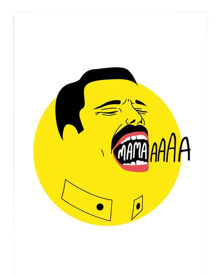 L’affiche Mamaaaaa : Freddie Mercury qui chante, dessiné en noir sur un disque jaune, sur fond blanc
