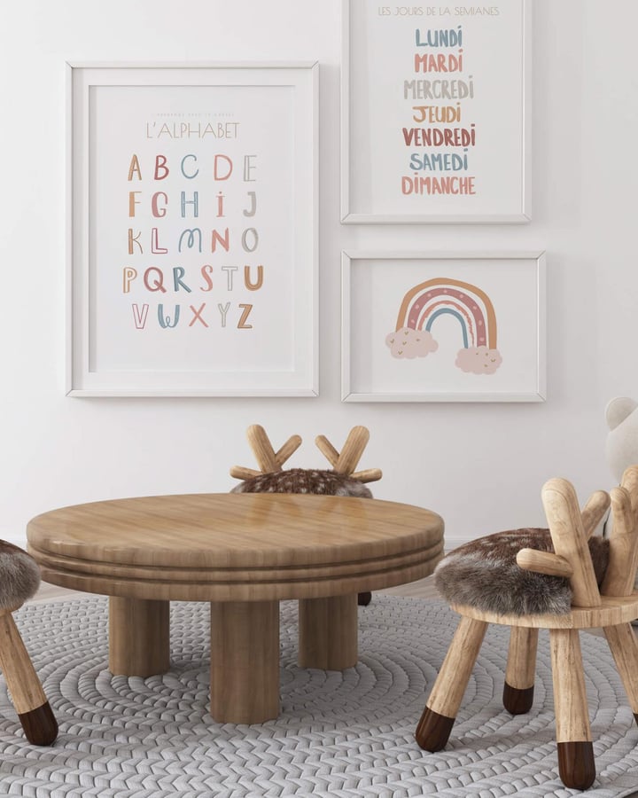 L’affiche L’alphabet encadrée de blanc dans une salle de jeux, avec Les jours de la semaine et l’arc-en-ciel, au-dessus d’une petite table ronde
