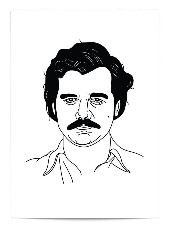 Détail de l’affiche : le visage d’Escobar au trait noir, cheveux ondulés et moustache épaisse