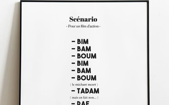 Affiche Scénario film d’action encadrée, détail des bruitages en colonne