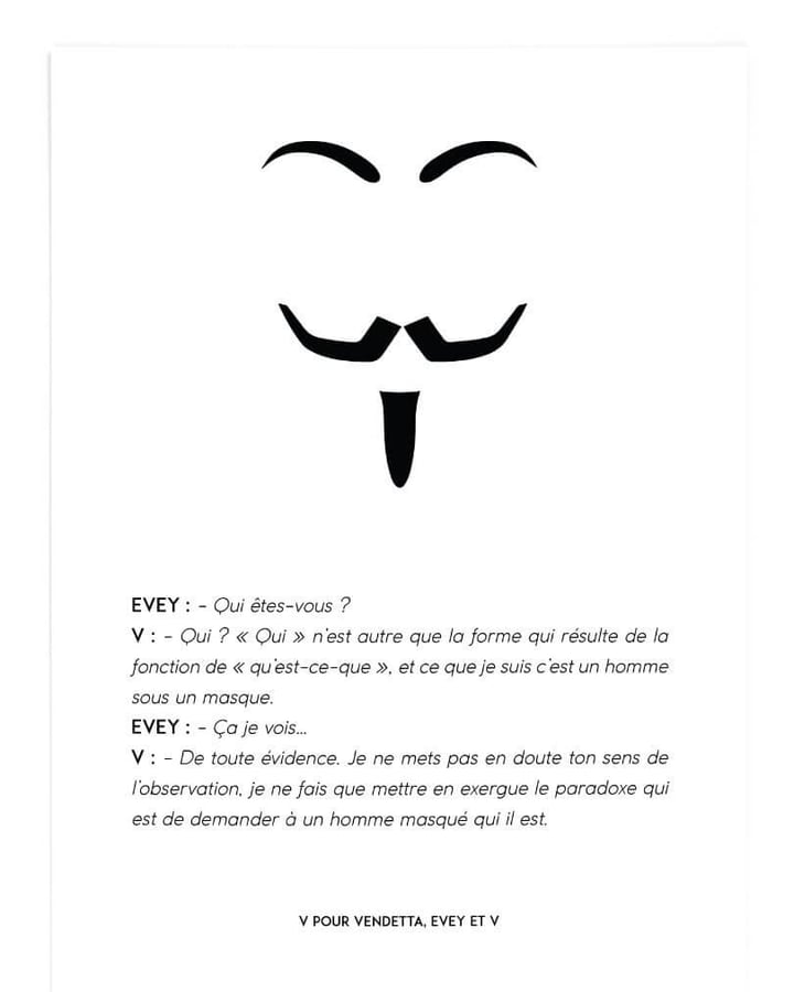 L’affiche V pour Vendetta : le masque en traits noirs au-dessus du dialogue entre Evey et V